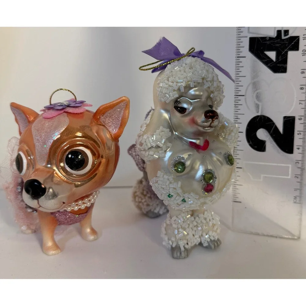 Glass Dog Christmas Ornaments Set Chihuahua Poodle Beaded Sequin Kitsch Decor